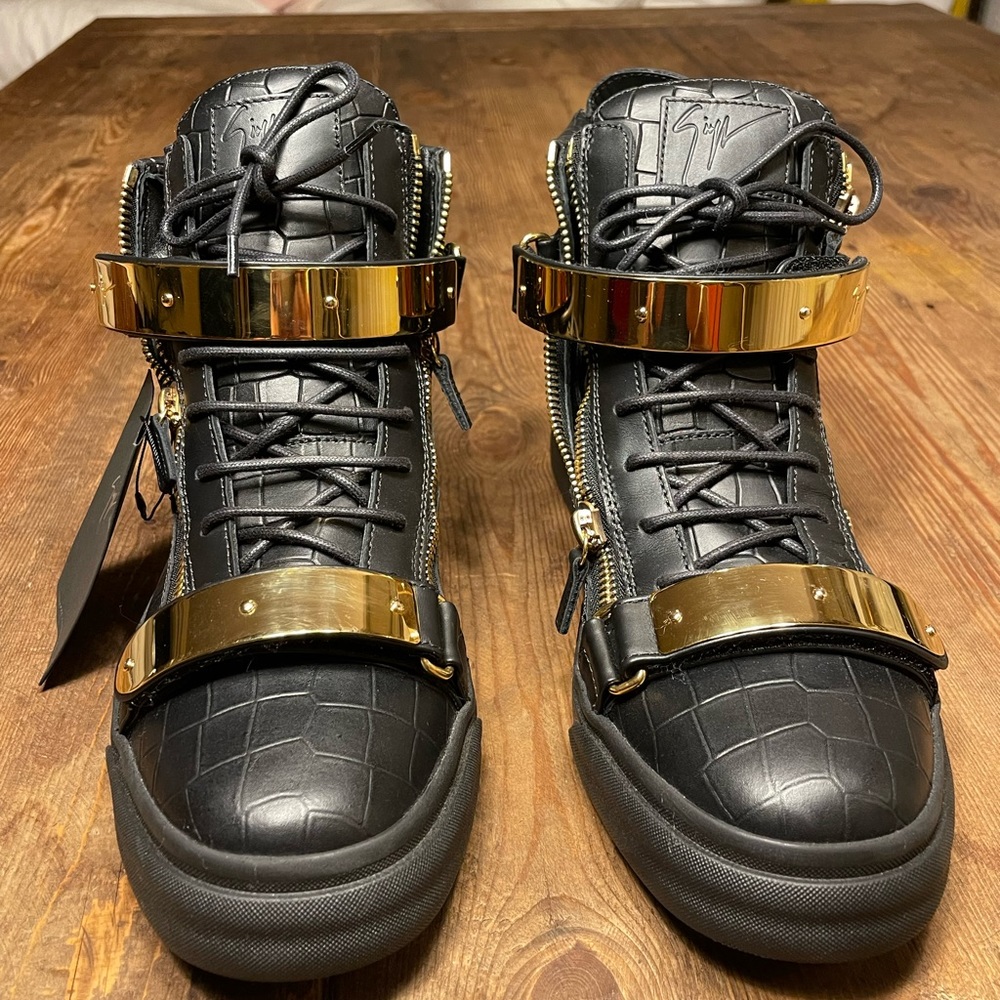 Giuseppe Zanotti Men's Croc High-Top Sneaker, Black and Gold size 12/45